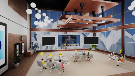 Photo for 3D render of business conference in futuristic virtual office. 3D avatars with icons discuss business product with real people by video. Technologies of future in business. Concept of metaverse and - Royalty Free Image