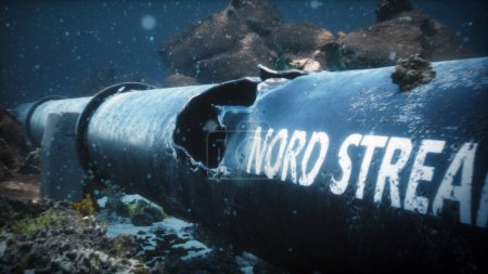 3D render illustration of the explosion of the Nord Stream 2 gas pipeline under the water of the Baltic Sea. Damaged pipe.