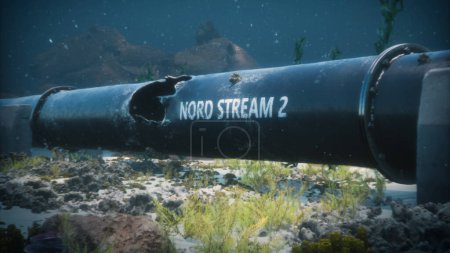 Foto de Ilustración en 3D de la explosión del gasoducto Nord Stream 2 bajo el agua del Mar Báltico. Tubería dañada. - Imagen libre de derechos