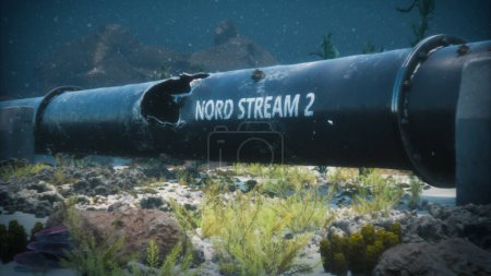 Foto de Ilustración en 3D de la explosión del gasoducto Nord Stream 2 bajo el agua del Mar Báltico. Tubería dañada. - Imagen libre de derechos
