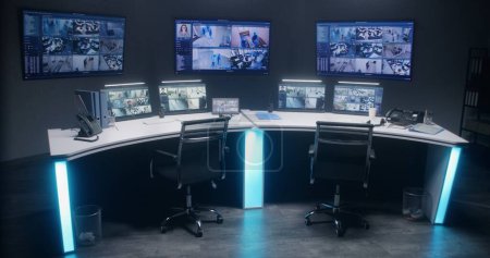 Espace de travail dans un centre de contrôle de sécurité moderne pour la surveillance des caméras de vidéosurveillance avec système de reconnaissance faciale AI. Écrans d'ordinateur, tablette et grands écrans numériques montrant des caméras de surveillance vidéo.