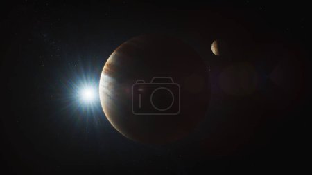 Téléchargez les photos : Illustration Animation 3D réaliste de Jupiter et sa lune Io, Europa, Ganymède ou Callisto tournant dans l'espace sombre. Soleil, étoiles et galaxies en arrière-plan. Planète système solaire. Univers - en image libre de droit