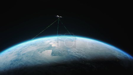 Photo for Illustration 3D abstract render of satellite transmitting data or signal by laser to Earth planet. Transfer 5G web communications, global network connection. Concept of modern innovative space - Royalty Free Image