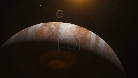 Téléchargez les photos : Illustration Animation 3D réaliste de Jupiter et sa lune Io, Europa, Ganymède ou Callisto tournant dans l'espace sombre. Rayons solaires, étoiles et galaxies en arrière-plan. Planète système solaire. Univers - en image libre de droit