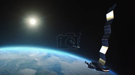 Téléchargez les photos : Illustration Graphiques informatiques 3D de satellites volant en orbite autour de la planète Terre, transmettant un signal de communication 5G mondial et une connexion réseau mondiale. Concept d'internet moderne et innovant - en image libre de droit