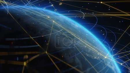 Foto de Ilustración Primer plano de líneas digitales animadas sobre el globo terráqueo. Transmisión de señal de comunicaciones 5G. 3D red mundial de big data. Conexión global a Internet. Tecnologías modernas y - Imagen libre de derechos