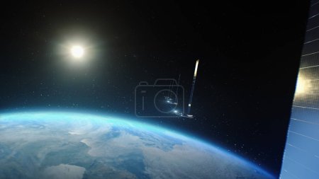Foto de Ilustración Gráficos computarizados 3D de satélites que vuelan en órbita del planeta Tierra, transmitiendo señal de comunicaciones 5G a nivel mundial y conexión de red global. Concepto de internet moderno e innovador - Imagen libre de derechos