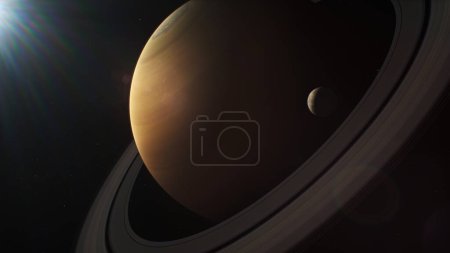 Téléchargez les photos : Illustration Animation 3D de Saturne et sa lune Mimas, Dione ou Titan tournant dans l'espace sombre. Mystérieux anneaux Saturne. Rayons solaires et étoiles en arrière-plan. Planète système solaire. Univers - en image libre de droit