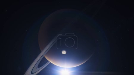 Téléchargez les photos : Illustration Animation 3D cinématographique de Saturne et sa lune Mimas ou Titan dans l'espace. Mystérieux anneaux Saturne. Soleil, étoiles et galaxies en arrière-plan. Planète système solaire. Exploration de l'univers - en image libre de droit