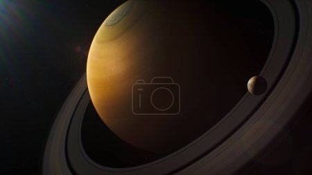 Téléchargez les photos : Illustration de Saturne et sa lune Mimas, Dione ou Titan tournant dans l'espace sombre. Mystérieux anneaux Saturne. Rayons solaires et étoiles en arrière-plan. Planète système solaire. Exploration de l'univers. - en image libre de droit