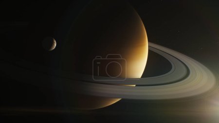Téléchargez les photos : Illustration Graphiques 3D réalistes de Saturne éclairée par le soleil et sa lune Mimas, Dione ou Titan dans l'espace sombre. Mystérieux anneaux Saturne. Étoiles et galaxies en arrière-plan. Planète système solaire. Univers - en image libre de droit