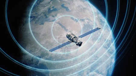 Téléchargez les photos : Illustration Animation abstraite 3D du satellite en orbite transmettant un signal à la planète Terre. Transfert mondial de communications Web 5G, connexion réseau mondiale. Espace moderne et innovant - en image libre de droit