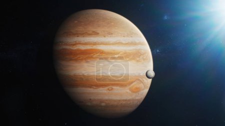 Téléchargez les photos : Illustration Graphiques 3D cinématographiques de Jupiter et sa lune Io, Europa, Ganymède ou Callisto filant dans l'espace sombre sous les rayons du soleil. Étoiles et galaxies en arrière-plan. Planète système solaire. Univers - en image libre de droit