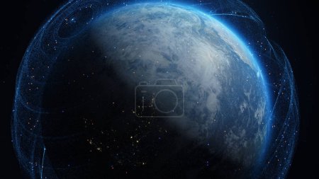Téléchargez les photos : 3D Render of Animated digital sphere over the Earth globe. Graphiques informatiques 3D de la transmission mondiale abstraite du signal de communication 5G, connexion réseau mondiale. Concept d'espace innovant - en image libre de droit