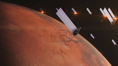 Foto de Gráficos 3D realistas de Marte girando en el espacio exterior oscuro. Celda solar y paneles orbitando el planeta. Energía del sol. Futura colonización humana y concepto de exploración universal. Avance tecnológico. - Imagen libre de derechos