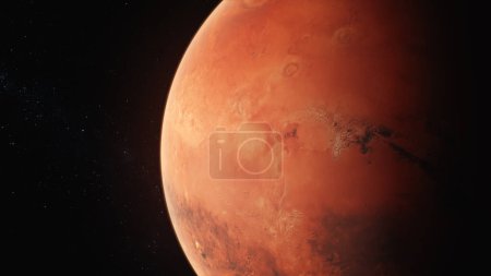Téléchargez les photos : Animation 3D réaliste de Mars tournant dans l'espace sombre. Des étoiles, des galaxies en arrière-plan. Planète système solaire. Futur concept de colonisation humaine et d'exploration de l'univers. Progrès technologiques. - en image libre de droit