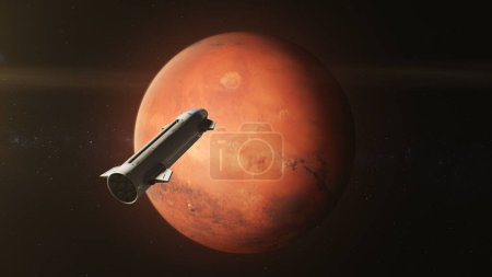 Téléchargez les photos : Graphiques 3D cinématographiques de Mars tournant dans l'espace. Un vaisseau spatial orbitant autour de la planète rouge. Mission spatiale de recherche humaine. Futur concept de colonisation humaine et d'exploration de l'univers. Progrès technologiques. - en image libre de droit