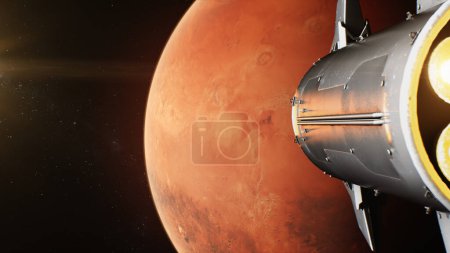 Foto de Animación realista en 3D de la nave espacial volando en Marte en el espacio exterior oscuro. Misión espacial tripulada de investigación en el planeta rojo. Futura colonización humana y concepto de exploración universal. Avance tecnológico. - Imagen libre de derechos
