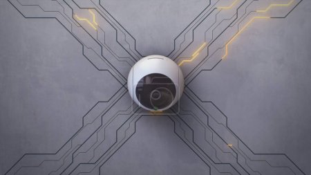 Téléchargez les photos : Caméra de sécurité rotative avec reconnaissance AI installée sur le mur. Rendu 3D cercles de transmission de données ou connexion Internet sans fil avec caméra de vidéosurveillance moderne. Animation VFX. Système de surveillance. - en image libre de droit