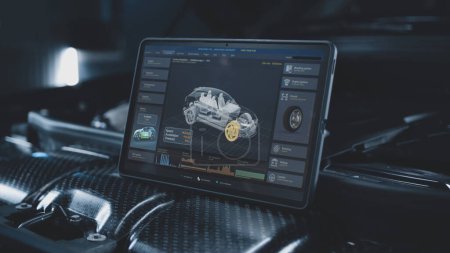 Téléchargez les photos : L'écran d'ordinateur de tablette montre l'animation 3D du programme professionnel pour les diagnostics de voiture en temps réel et les essais aérodynamiques utilisant le modèle virtuel 3D de véhicule électrique. Concept de voiture développant la technologie. - en image libre de droit