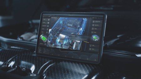 Téléchargez les photos : L'écran de tablette numérique montre la visualisation graphique futuriste 3D de la voiture développant le logiciel professionnel avec le modèle virtuel 3D de véhicule électrique. Concept de la technologie moderne de diagnostic de voiture. - en image libre de droit