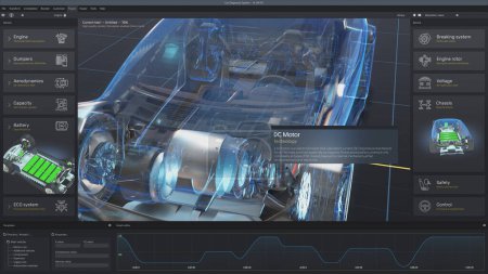 Téléchargez les photos : L'écran de tablette numérique montre la visualisation graphique futuriste 3D de la voiture développant le logiciel professionnel avec le modèle virtuel 3D de véhicule électrique. Concept de la technologie moderne de diagnostic de voiture. - en image libre de droit