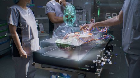 Photo for Diverse medical professionals work in operating room using holographic display. 3D rendering of virtual human skeleton and organs. VFX animation. AI technologies in medicine. Healthcare innovation. - Royalty Free Image
