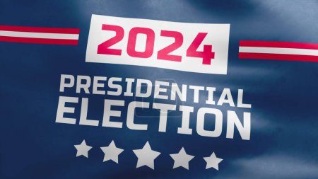 3D VFX rendering of waving flag with the inscription about the 2024 presidential election in US. The election campaign of the future President of America. Concept of democracy and political races.