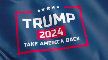 3D-VFX-Darstellung des Fahnenschwenkens mit der Aufschrift über die Präsidentschaftswahlen 2024 in Amerika. Der Wahlkampf von Donald Trump. Konzept von Demokratie, Bürgerpflicht und politischen Kundgebungen.