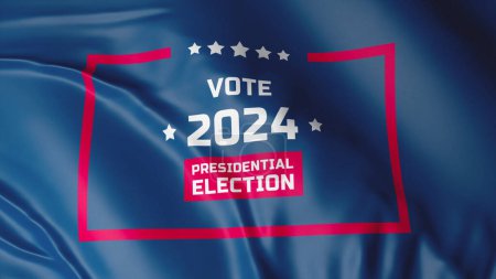 3D VFX Animation des Fahnenschwenkens mit der Aufschrift über die Präsidentschaftswahlen 2024 in den USA. Wahlkampfspuren des künftigen Präsidenten von Amerika. Konzept von Demokratie, Bürgerpflicht und politischer Rasse.