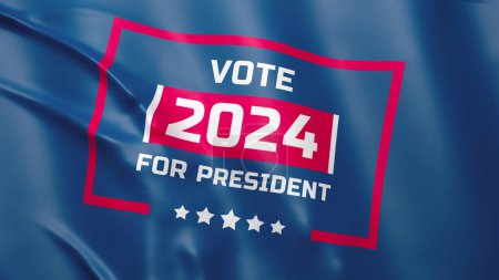 3D-VFX-Grafik des Fahnenschwenkens mit der Aufschrift über die Präsidentschaftswahlen 2024 in den Vereinigten Staaten. Der Wahlkampf des zukünftigen Präsidenten von Amerika. Demokratie- und Rassenkonzept.