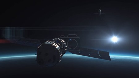 3D-VFX-Grafik eines weltraumgestützten Satelliten, der einen anderen Satelliten angreift und eine Atomsprengkopf-Rakete in den Erdorbit schießt. Weltraumgefahr durch Atomkrieg. Einsatz von Atomwaffen im Kosmos.