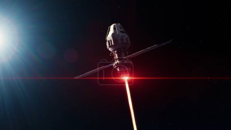 Téléchargez les photos : Graphiques 3D du satellite attaquant un objet spatial avec une arme laser dans l'espace. rivalité politique et géopolitique entre l'Amérique et la Russie dans le cosmos. Menace d'agression nucléaire et de guerre. - en image libre de droit