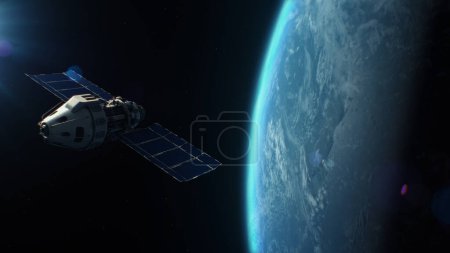 3D-Animation eines Satelliten, der den Planeten Erde mit Laserwaffen aus dem Weltraum angreift. Zerstörung des Kosmos durch Atomwaffen. Geopolitische Rivalität. Bedrohung des Weltraums durch nukleare Aggression und Krieg.