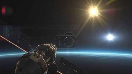 Foto de Gráficos VFX 3D del satélite basado en el espacio atacando otro satélite y lanzando cohetes nucleares en el espacio en órbita terrestre. Amenaza espacial de guerra nuclear. Despliegue de armas nucleares en el cosmos. - Imagen libre de derechos