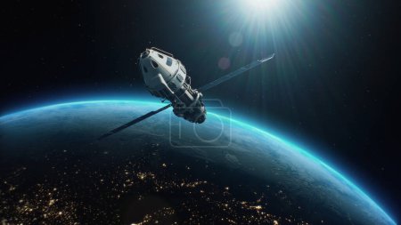 Téléchargez les photos : Animation 3D d'un satellite attaquant un objet spatial avec une arme laser dans l'espace en orbite terrestre. Escalade du conflit politique entre les États-Unis et la Russie dans le cosmos. Menace de guerre nucléaire. - en image libre de droit