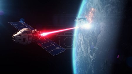 3D animation of satellite attacking Earth planet with laser weapon from the outer space. Destruction in cosmos from nuclear weapons. Geopolitical rivalry. Space threat of nuclear aggression and war.