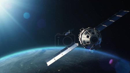 Graphiques 3D VFX d'un satellite attaquant un autre satellite avec une arme laser dans l'espace sur orbite de la planète Terre. Guerre nucléaire et agression armée. Escalade de la rivalité géopolitique et de la course aux armements dans le cosmos.