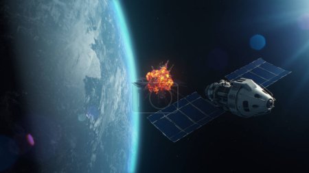 3D-VFX-Rendering eines Satelliten, der einen anderen Satelliten im Erdorbit mit Laserwaffen angreift. Eskalation politischer Konflikte und Wettrüsten im Kosmos. Atomkrieg und bewaffnete Aggression.