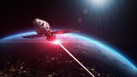 3D-Animation von Satelliten, die Weltraumobjekte mit Laserwaffen im Weltraum in der Erdumlaufbahn angreifen. Eskalation des politischen Konflikts zwischen den USA und Russland im Kosmos. Drohung mit Atomkrieg.