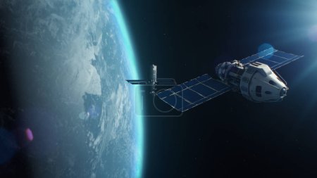 3D-VFX-Rendering eines Satelliten, der einen anderen Satelliten im Erdorbit mit Laserwaffen angreift. Eskalation politischer Konflikte und Wettrüsten im Kosmos. Atomkrieg und bewaffnete Aggression.