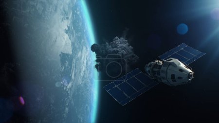 3D VFX representación de satélite atacando otro satélite con arma láser en el espacio en la órbita del planeta Tierra. Escalada de conflicto político y carrera armamentista en el cosmos. Guerra nuclear y agresión armada.