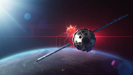 3D-VFX-Grafiken von Satelliten, die einen anderen Satelliten im Erdorbit mit Laserwaffen angreifen. Atomkrieg und bewaffnete Aggression. Eskalation der geopolitischen Rivalität und des Wettrüstens im Kosmos.