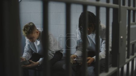 Foto de Dos adolescentes presos multiétnicos se sientan en la cama en la celda de la prisión y comen comida de cuencos de hierro. Jóvenes criminales cumplen condena de prisión por crímenes en la cárcel. Centro de detención juvenil o correccional. - Imagen libre de derechos
