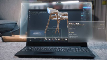 Digital 3D model of stylish wooden chair for carpentry project displayed on laptop computer screen. Holographic virtual display of professional ai software for furniture design creation and 3D