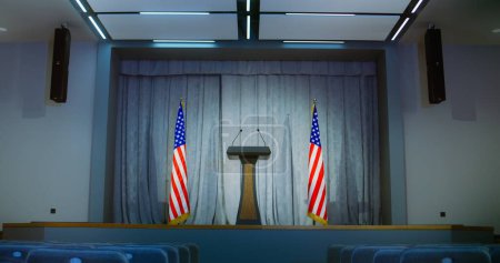 Photo for Speech tribune for minister, congressman or politician in the White House. Light press conference hall with seats. Wooden podium debate stand with microphones on stage. Backdrop with American flags. - Royalty Free Image