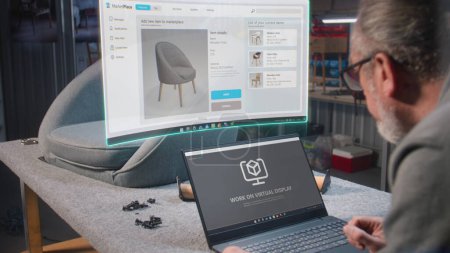Artisan uploads pictures of stylish wooden chair to online store using laptop and holographic augmented reality display. Small business owner adds photos of handmade furniture to marketplace for sale.