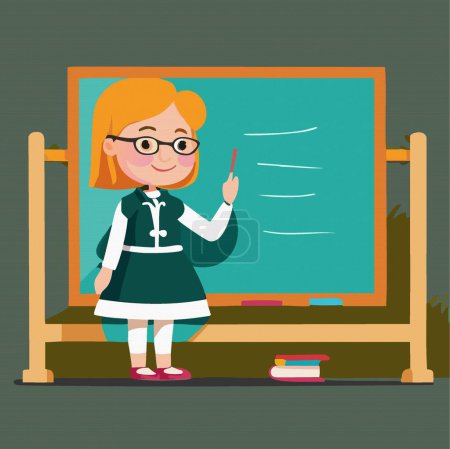 Lehrerin steht neben Tafel. Bildung und zurück zum Schulkonzept. illustration