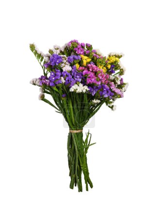 Bouquet von frischen bunten Limonium sinuatum (Statice) Blüten isoliert auf weißem Hintergrund.
