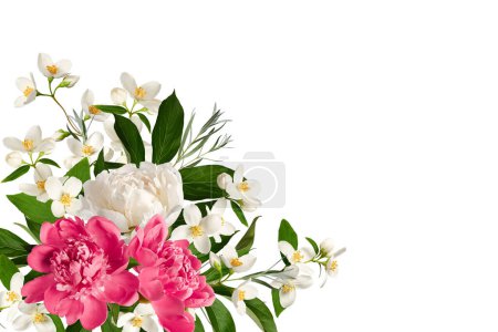 Arreglo de esquina floral festivo. Flores de jazmín, peonías blancas y rosadas, hojas de peonía verde, ramitas verdes. Elemento para crear diseños, tarjetas, patrones, arreglos florales, invitaciones de boda.